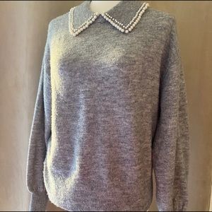 Gray sweater with a pearl beaded collar